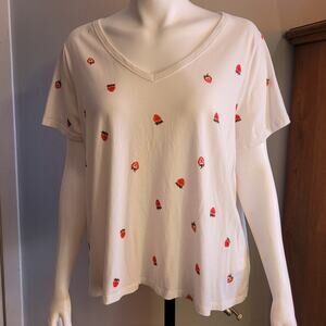 OLD NAVY Women White Strawberry Print Tee Shirt Sz XL Short Sleeve V Neck Casual